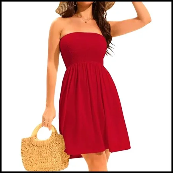 Strapless Tube Top Sundress A-Line Cover Up Beach Casual Dress S-3XL - Picture 5 of 7